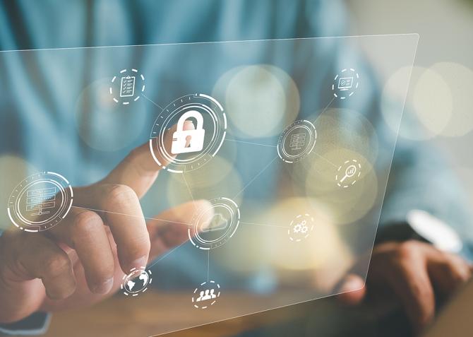 A person points to a lock icon illustration.