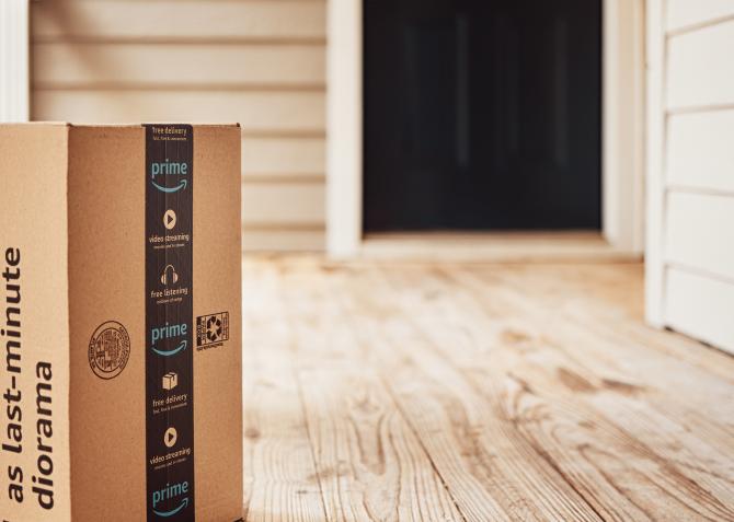 Amazon prime box on front steps