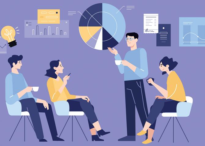 Illustration of a group of business professionals going over data.